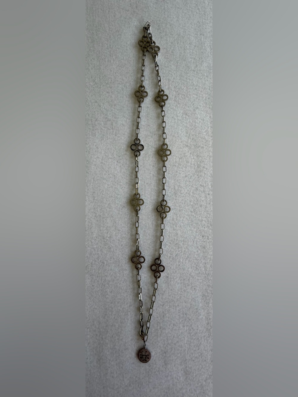 Tory Burch Silver-Tone Floral Link Necklace with Logo Disc
